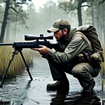 A professional male hunter, wearing modest, rugged tactical gear and fully clothed, crouches in a dense, misty swamp. He holds a long-range precision rifle, aiming intently into the distance with a focused expression. The background features thick, gnarled trees and calm, shallow water under soft, atmospheric lighting. This is a realistic digital painting, ultra-detailed, 8K, safe for work, appropriate content, fully clothed, professional, perfect anatomy, correct proportions, natural pose, well-formed hands, proper finger count, natural body proportions.