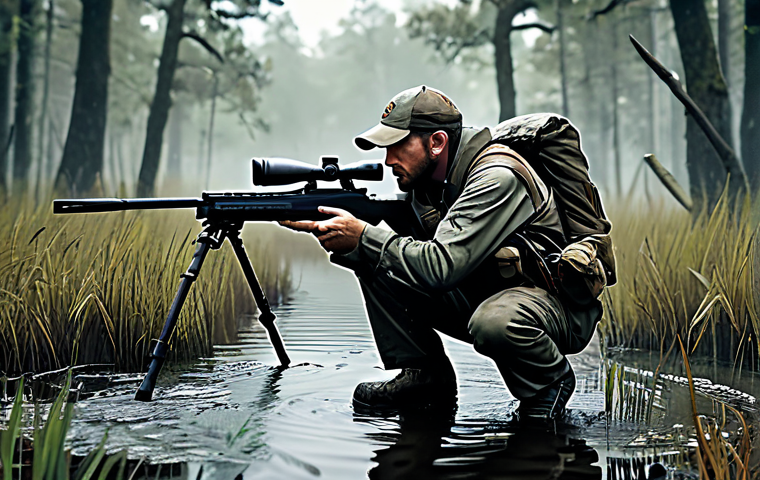 A professional male hunter, wearing modest, rugged tactical gear and fully clothed, crouches in a dense, misty swamp. He holds a long-range precision rifle, aiming intently into the distance with a focused expression. The background features thick, gnarled trees and calm, shallow water under soft, atmospheric lighting. This is a realistic digital painting, ultra-detailed, 8K, safe for work, appropriate content, fully clothed, professional, perfect anatomy, correct proportions, natural pose, well-formed hands, proper finger count, natural body proportions.